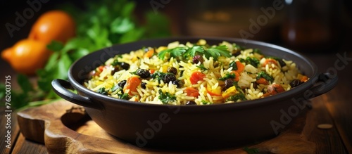 A bowl of rice and veggies on cutting board