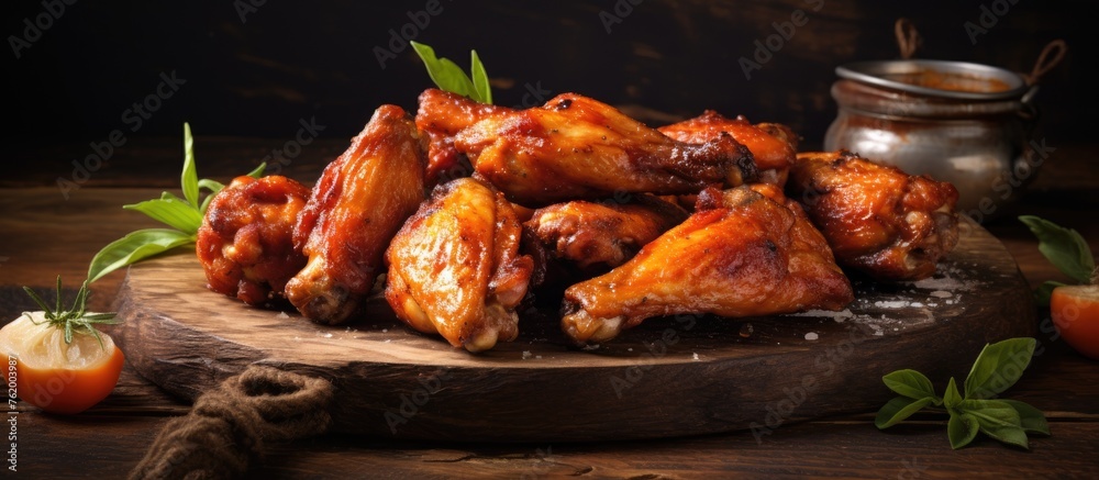 Chicken wings with sauce and herbs on wooden board