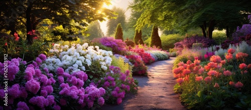 A pathway winding through a garden filled with vibrant flowers and lush trees photo