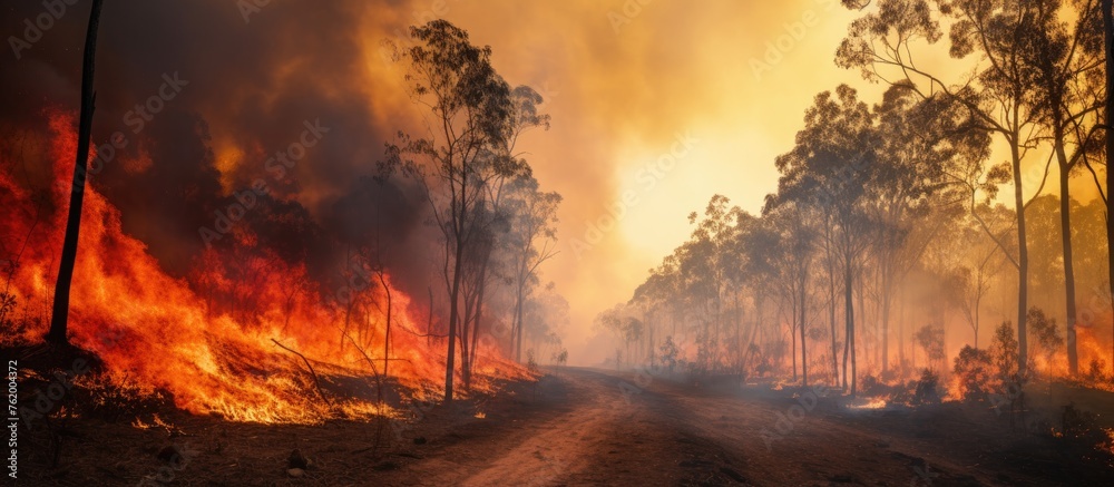 Bushland ablaze with a fiery inferno spreading through trees - obrazy, fototapety, plakaty 