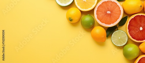 Variety of citrus fruits and limes on yellow surface