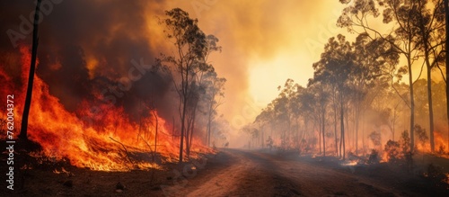 Bushland ablaze with a fiery inferno spreading through trees