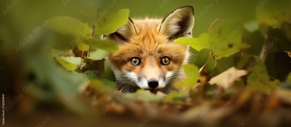 Obraz premium A fox peering at the camera among foliage