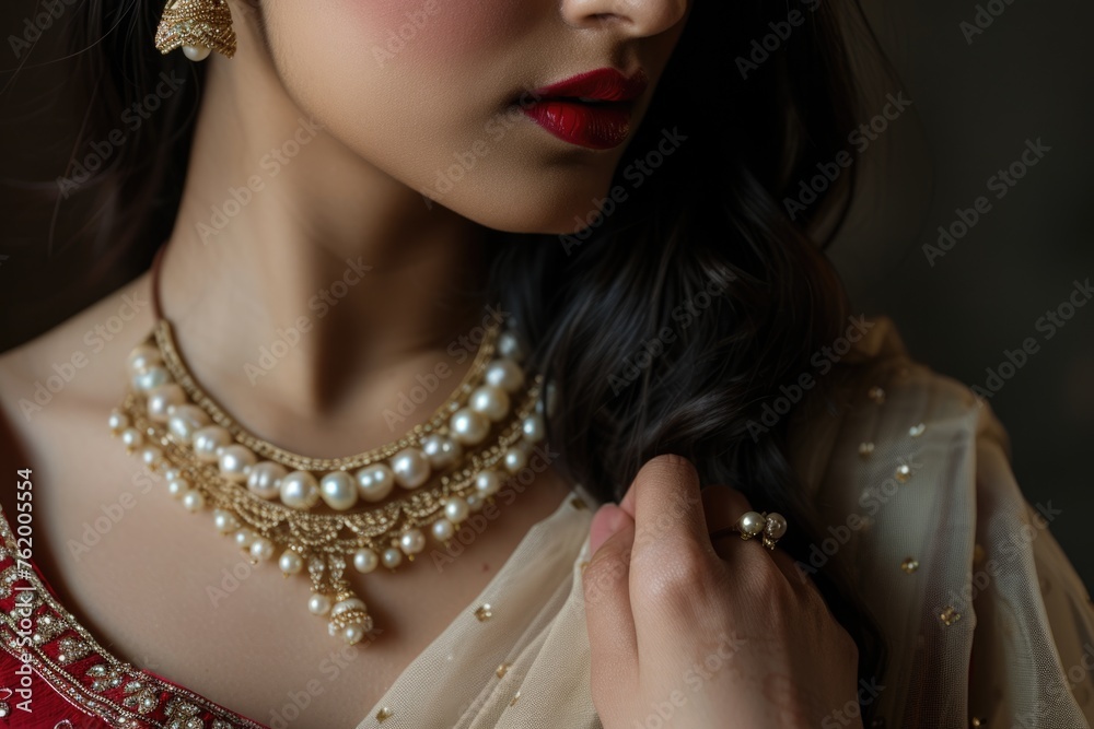 Elegant Indian Woman Adorned with Gold and Pearl Necklace. Fictional character created by Generated AI. 