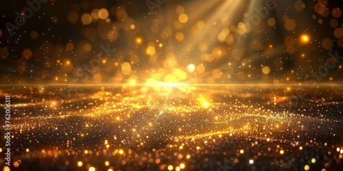 A golden light shines on the ground,golden light rays and sparkles line, empty room with Golden lights rays scene with glitter background, banner, christmas