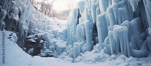 Spectacular Frozen Waterfall in Winter Wonderland, Majestic Ice Formation Nature Scene