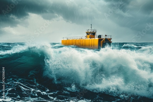 A yellow wave energy converter station sits amidst turbulent sea waves under a dramatic sky. photo
