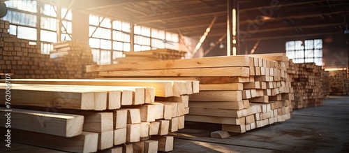 Lumber stacks in warehouse