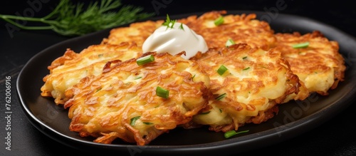 Potato pancakes with sour cream on blue plate photo