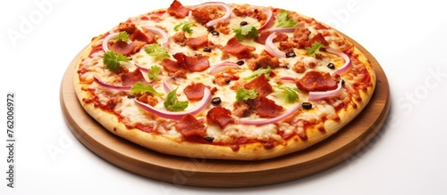 Delicious Pizza with Assorted Toppings Arranged on a Rustic Wooden Board