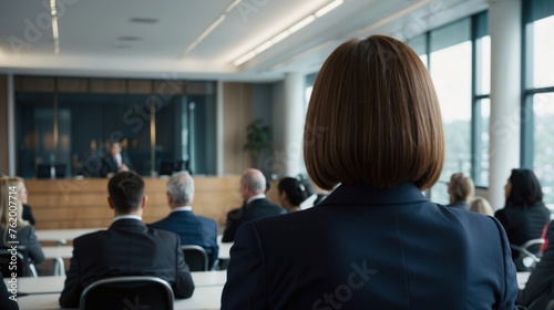 Rear view photo of a businesswoman raising one arm in a conference meeting asking question in casual attire in front of a business professional crowd