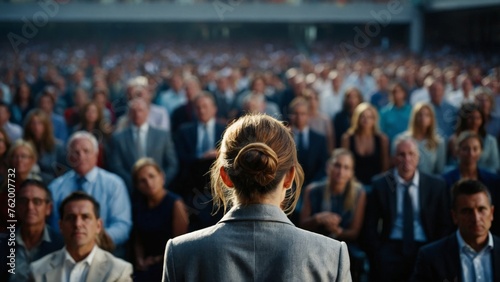 Rear view photo of a businesswoman raising one arm in a conference meeting asking question in casual attire in front of a business professional crowd photo