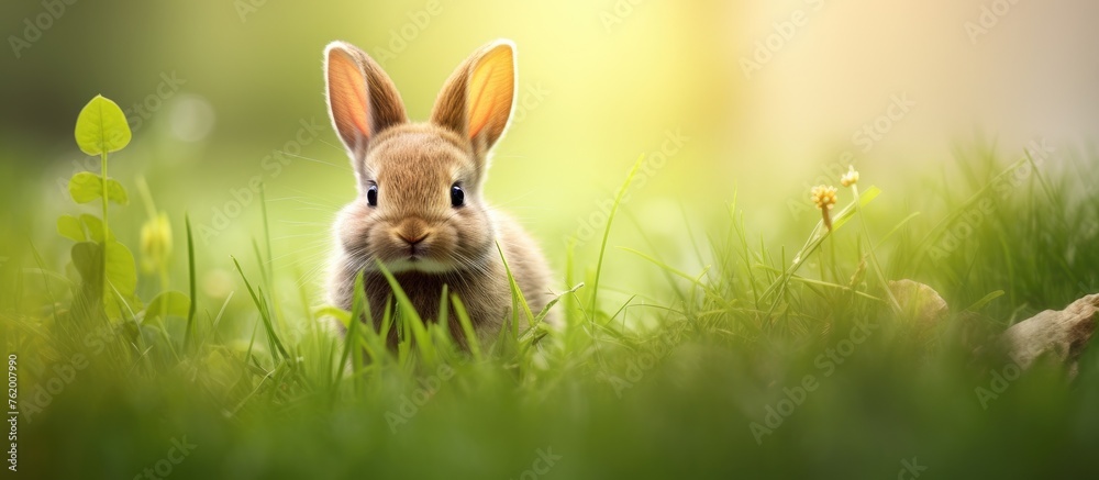 Curious Bunny Hops through Lush Greenery of a Spring Meadow in Soft Sunlight Curious Bunny Hops through Lush Greenery of a Spring Meadow in Soft Sunlight