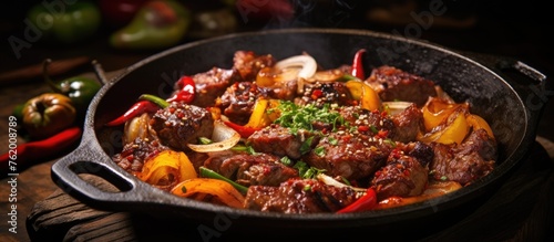 Beef and bell peppers in a skillet