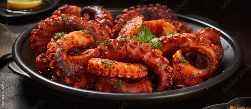 Fried octopus tentacles with savory sauce Fried octopus tentacles with savory sauce