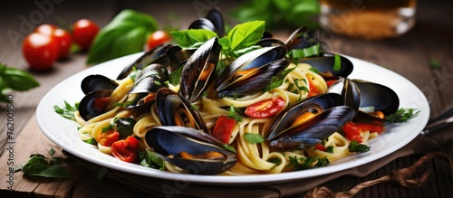 Pasta with mussels and tomatoes in light sauce