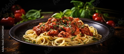 Spaghetti and meat sauce on black plate