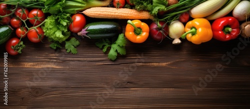 Variety of Fresh Vegetables Arranged on Rustic Wooden Background