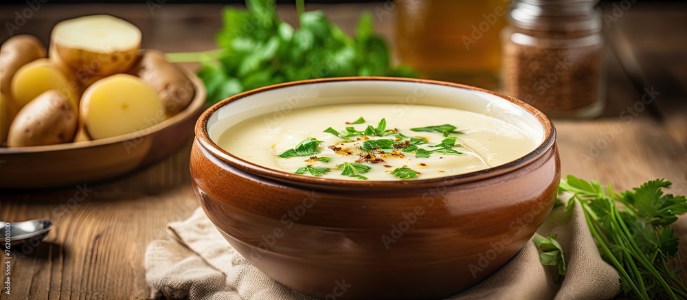 A bowl of soup with potatoes and herbs on a table A bowl of soup with potatoes and herbs on a table