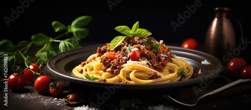 Italian Delight: Delicious Plate of Pasta with Savory Meat and Fresh Tomatoes