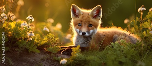 A fox cub in tall grass