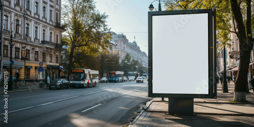  A blank white billboard at bus stop on street, for advertising mockups and urban city concepts and presentations.Mock up Billboard Media Advertising Poster banner template at Bus Station city street