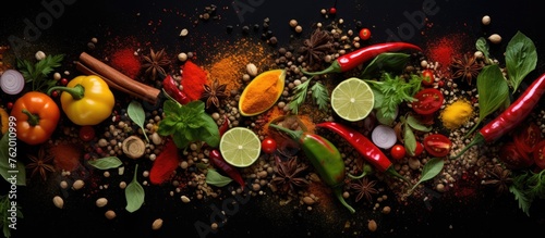 Vibrant Still Life Composition of Various Fresh Vegetables and Colorful Spices on a Dark Background