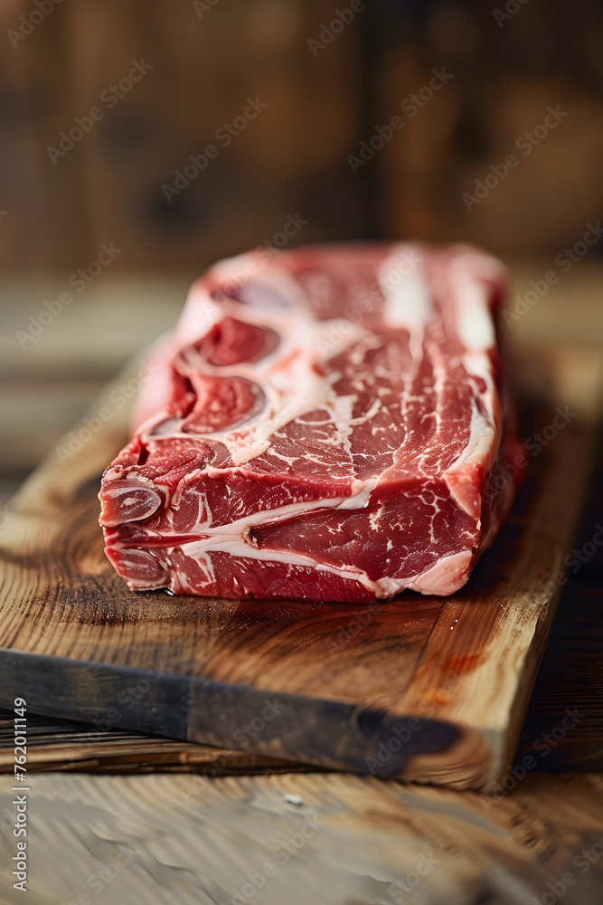 The Exquisite Blend of Taste and Texture: High-Quality Iberico Pork on Rustic Wooden Cutting Board