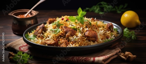 Sumptuous Chicken Biryani in a Vibrant Bowl with a Silver Spoon - Indian Cuisine Delight