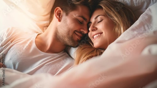 Young couple sweet moment together on bed. photo