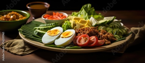 Plate of breakfast with eggs, meat, and vegetables