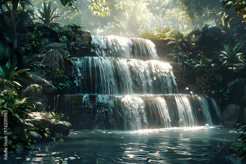A stunning AI-generated image of a waterfall in the forest  creating a relaxing and serene atmosphere. Perfect for use in nature-themed designs or to evoke a sense of adventure and exploration.