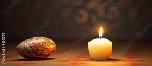 Easter candle and ornamented egg on the table