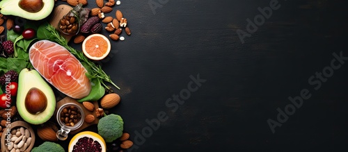 A close up of a variety of food including fish, nuts, avocado, and other