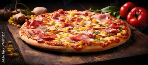 Pizza with ham and corn on wooden board