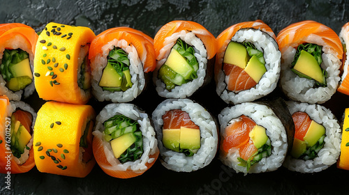 Close Up of Sushi Rolls on Black Surface