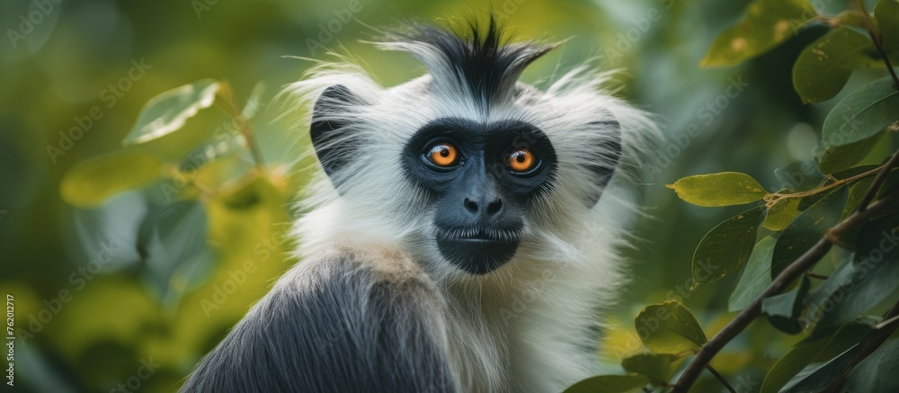 Curious Black and White Monkey Perched on Leafy Tree Branch in Tropical Jungle Curious Black and White Monkey Perched on Leafy Tree Branch in Tropical Jungle
