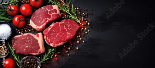 Raw meat steaks seasoned with herbs on dark background