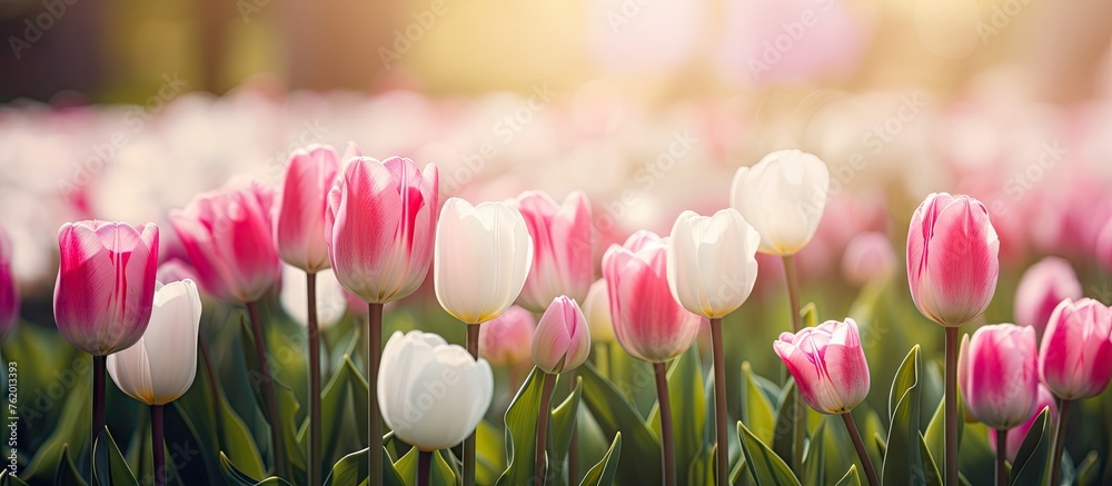 Many pink and white tulips in a field