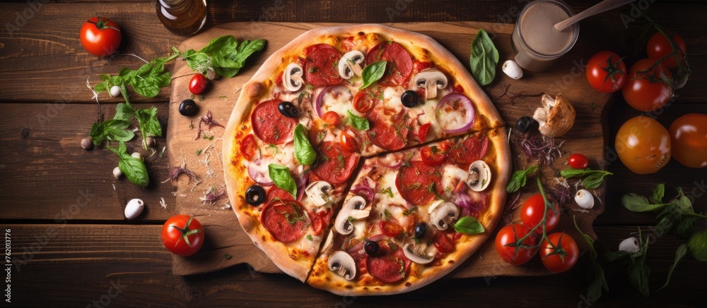 Pizza ingredients on wooden backdrop