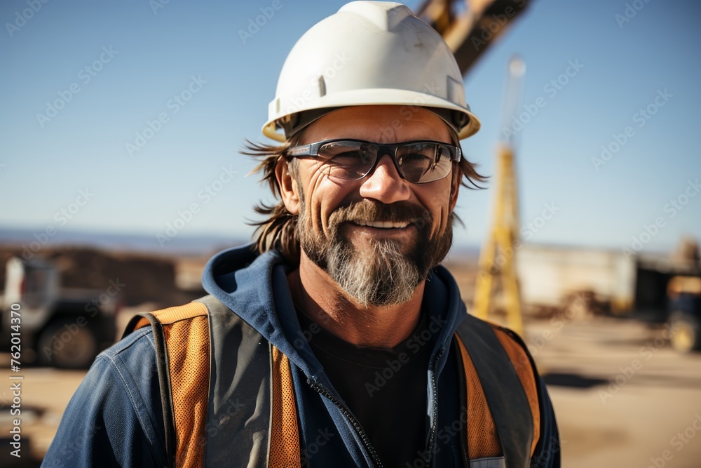 Construction Worker Wearing Hard Hat and Glasses