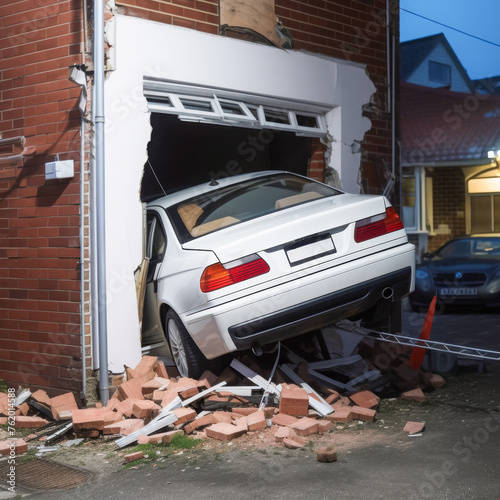 Unexpected accident Of Solo Car Crash to a Home Garage in a Residential Area with Brick scattered in ground 