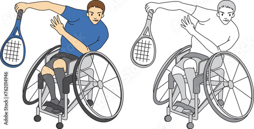 車椅子テニス（男性選手）のイラストセット／Illustration set of wheelchair tennis (male player)