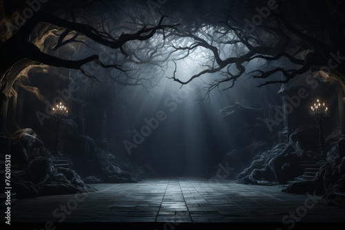 Horror Night path view of Light Piercing Through Trees in a Secluded Forest