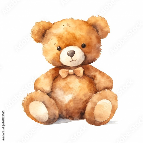 water colors painting of solo brown teddy bear in the isolated white background 