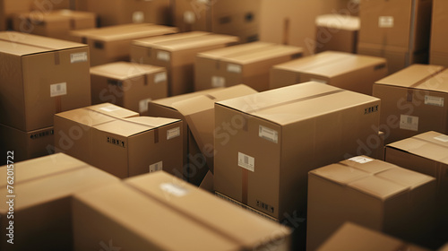 Cardboard box packages in warehouse distribution centre of multiple different sizes background