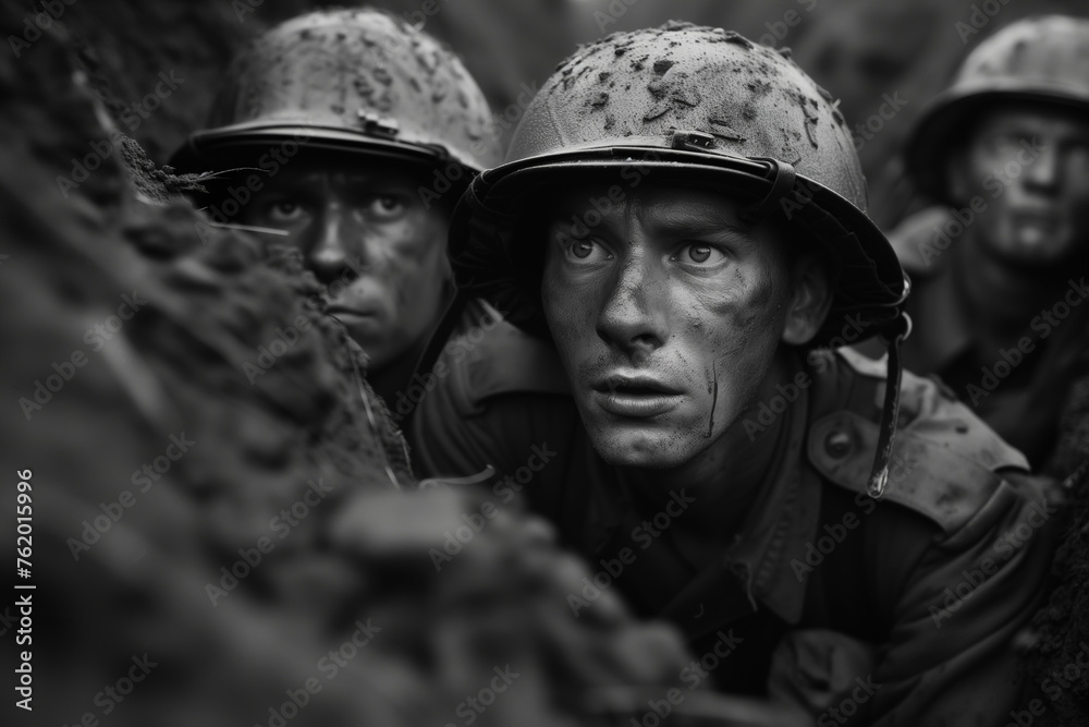 A black and white photograph showing a group of World War II soldiers standing together in a trench. A black and white photograph showing a group of World War II soldiers standing together in a trench.