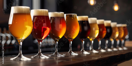 A row of glasses with different types and colors of beer sit on the bar counter, banner, various types of beer on blur background