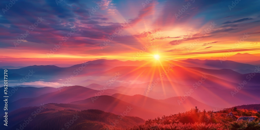 landscape view of  mountains at sunset or sunrise background, banner