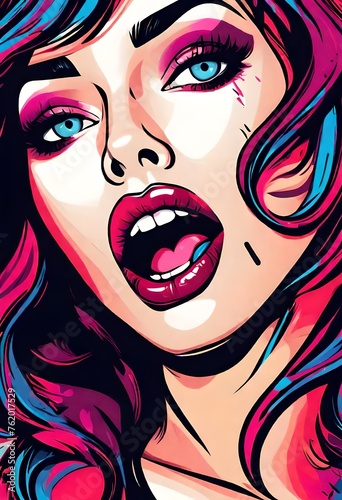 close-up view of beautiful woman with luscious lips screaming, vector style. cartoon, bright colors.